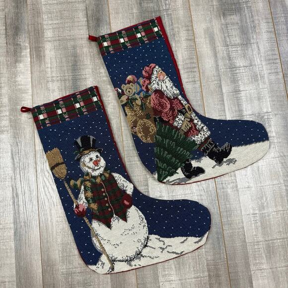 Lot of 2 Riverdale Snowman Santa Woven Tapestry Christmas Stockings 16”